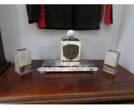 A 3 piece art deco style clock garniture complete with key and pendelum (springs ok but one wound to limit)