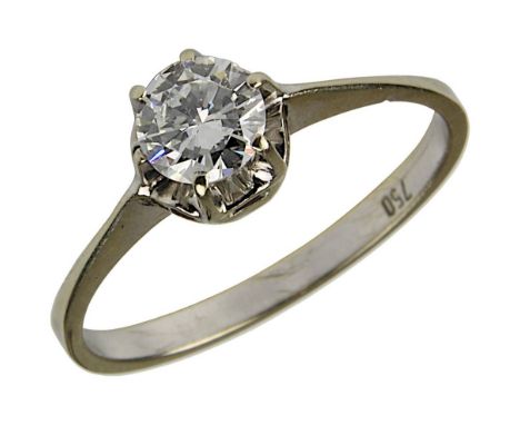 Weißgold-Ring mit Solitärbrillant, deutsch um 1950, Ringschiene gepunzt 750, mit einem Diamanten im neueren Brillantschliff, 