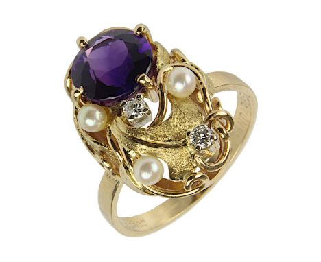Gelbgold-Ring mit Amethyst, Perlen und Brillanten, Juwelier Rohrbacher, Zweibrücken um 1960, gestempelt Handarbeit, Rohrbache