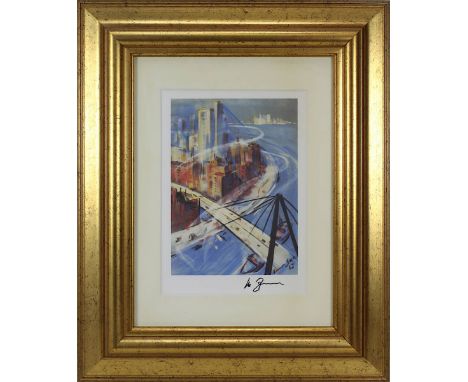Zuse, Konrad (Deutsch-Wilmersdorf 1910 - 1995 Hünfeld), Stadtansicht mit Brücke, Offsetdruck, nach einer Kreidezeichnung aus 