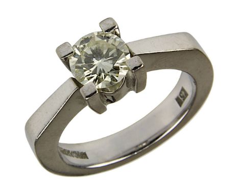 Weißgold-Ring mit Solitärbrillant 1,100 ct, Handarbeit, Weißgold gepunzt 750, mit einem Diamant im Brillantschliff, ca. 1,10 
