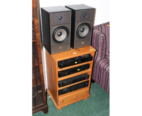 Rotel amplifier, Marantz CD player, Denon tuner and cassette deck with Celestion speakers in pine cabinet  