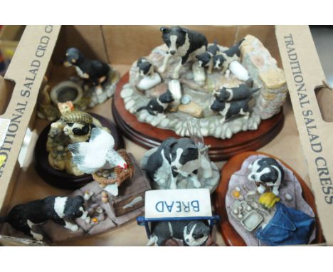 Box of Border Fine Arts figurines, to include "Spilt Milk", "Mischief", "Eggstra", Border Collie egg timer, puppy and robin, 