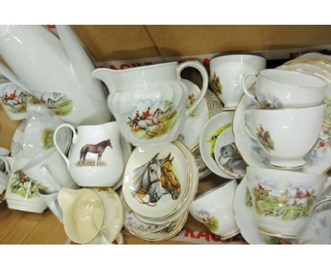 Box of foxhunting crockery, to include coffee pot, jugs, teacups, saucers, etc. 