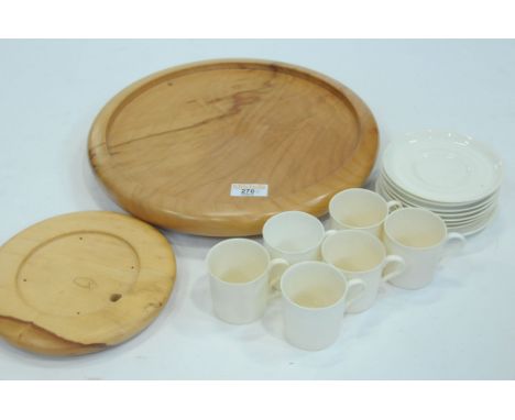 Coffee cans and saucers, wooden lazy Susan, etc. 