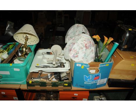 3 boxes of lamps, cutlery, place mats, light shades, bread bin, toaster, etc. 