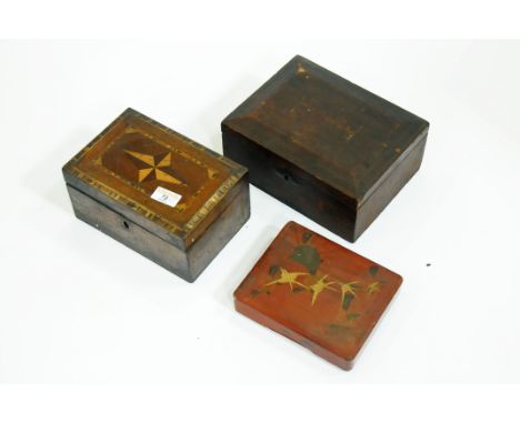 3 vintage boxes, one leather covered, lacquer box and inlaid tea caddy 