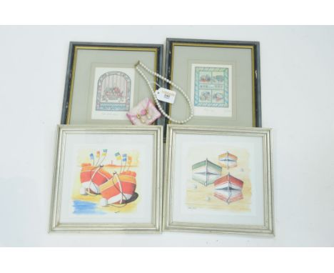 Pearl earrings and necklace, 2 Liz Bishop signed prints and 2 seaside prints 