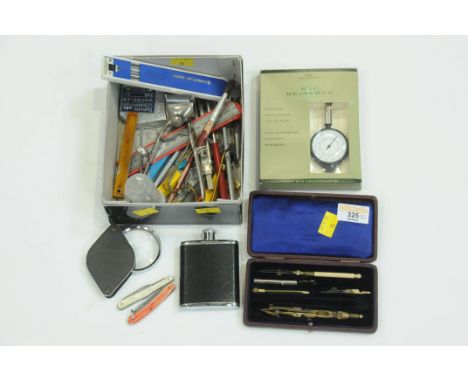 Small draughtsman's set and drawing instruments, penknives, hip flask, map measurer, magnifier, etc. 