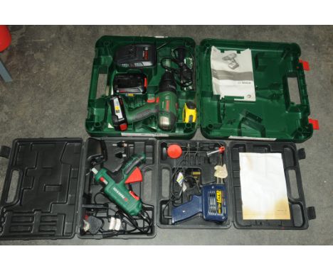 3 boxed power tools (cordless Bosch PSB18L-2, Power Kraft solder iron and Parkside glue gun) 