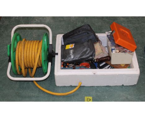 Carton of tools, surform, mouse traps, hose and reel, sewing kit, oil