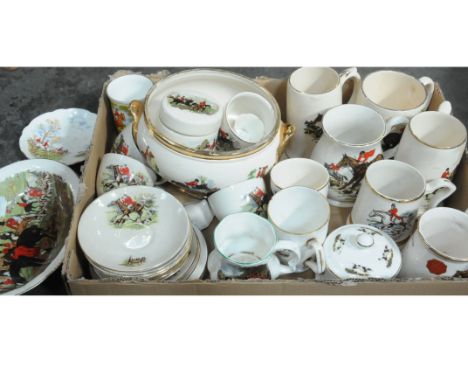 Box of foxhunting decorated crockery, tankards, teacups, saucers, etc. 