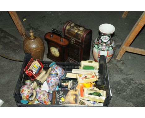 2 boxes of vases, lamp, books, diecast vehicles, etc. 