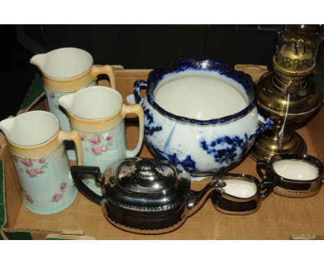 Box of oil lamp, graduated Gibson jugs, planter, etc. 
