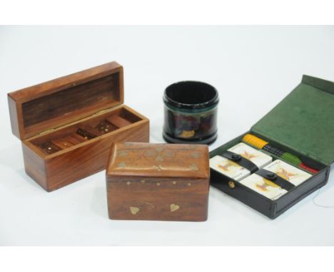 Gouda pot, boxed set of dominoes, wooden inlaid box, playing cards 