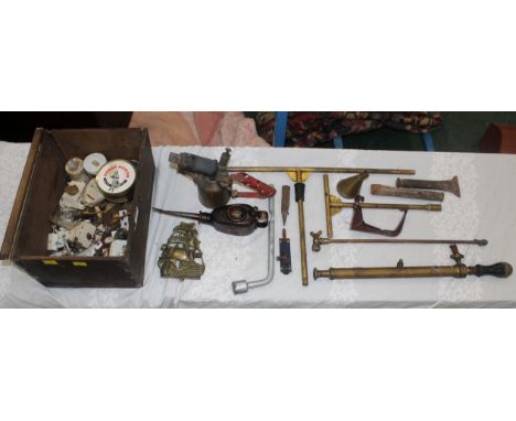 Box of brass 'Monitor' blow lamp, garden syringe, oil can, wrench etc 