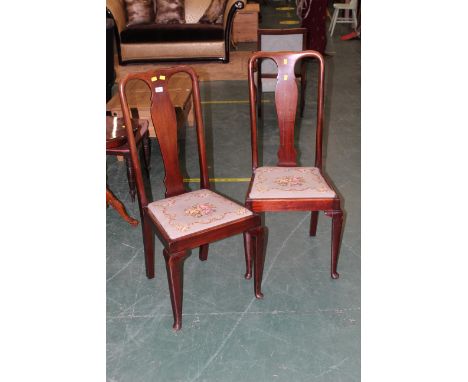 Pair of Queen Anne style mahogany dining chairs with tapestry seats 
