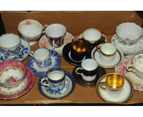 Box of teacups and saucers, coffee cans and saucers, to include Crown Devon, Royal Worcester, Cauldon, etc. 