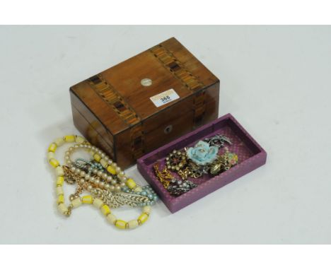 Small parquetry jewellery box and costume jewellery 