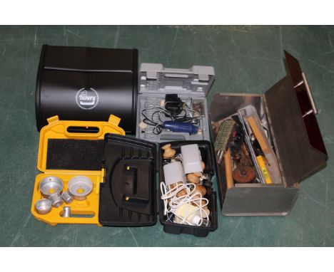 Box of bread bin, electric grinding tool, toolboxes, tools etc 
