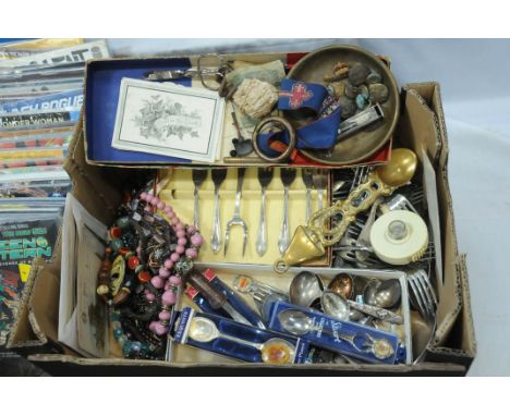 Box of costume jewellery, postcards, teaspoons, etc. 