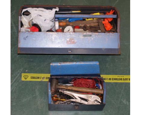 Two toolboxes each with joiners files, tools, mole grips, copper hammer, spanners etc 