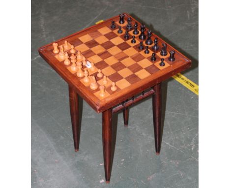 Edwardian mahogany chess topped low table with Staunton pattern chess set