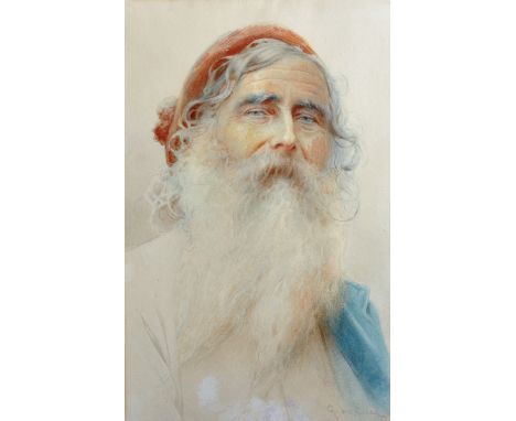 Guiliano De Luca (1947-   ) Italian. Portrait of a Bearded Man, with a Red Hat, Watercolour, Signed, 21" x 13.25".