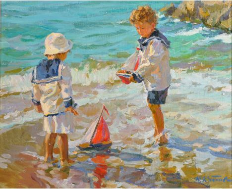 Yuri Krotov (1964-    ) Russian. "Children Playing with Toy Ships", Oil on Canvas, Signed, and Signed and Inscribed in Cyrill