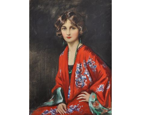 J... M... Balliol Salmon (1868-1953) British. Portrait of a Seated Lady, dressed in Red, Watercolour, Signed, 29" x 20.75".
