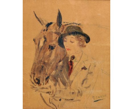 Gilbert Scott Wright (1880-1958) British. Bust Portrait of a Society Lady with a Horse, Watercolour, Signed, 9.5" x 8".