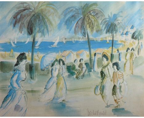 After Michel Boulet (1936-   ) French. Elegant Figures on a Coastal Promenade, Print, 17" x 21", and another by the same hand