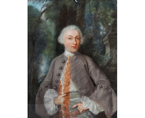 18th Century English School. Portrait of a Man, Standing in a Landscape, Pastel, 18" x 14", and the companion piece, Portrait