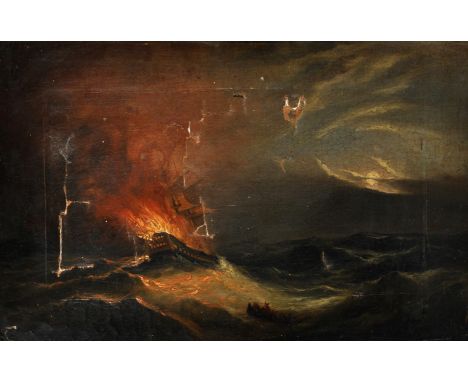 Early 19th Century English School. A Stormy Seascape, with a Ship on Fire, and figures in a boat, Oil on Canvas, Unframed, 12