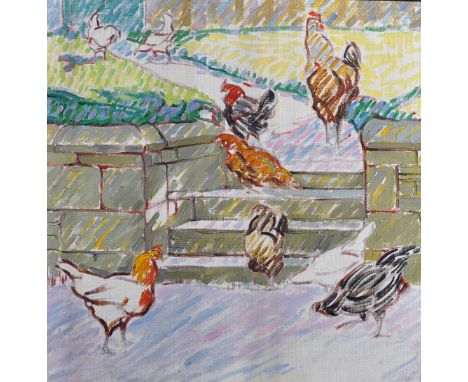 Helen Byrne Bryce (1891-1971) British. A Sketch of Chickens on a Flight of Steps, Oil on Canvas, in a Hand Painted Frame, 19.