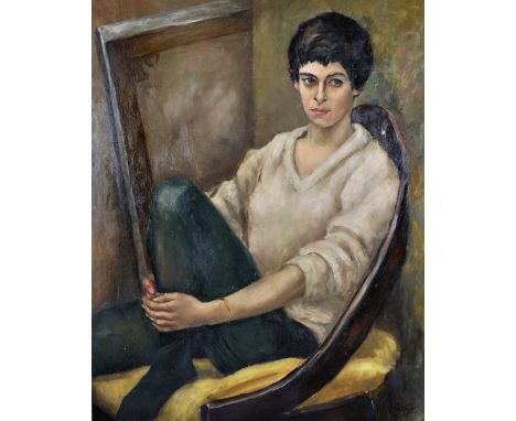 K... Hosp (20th Century) British. Portrait of a Seated Lady, Oil on Board, Signed, Unframed, 36" x 28".
