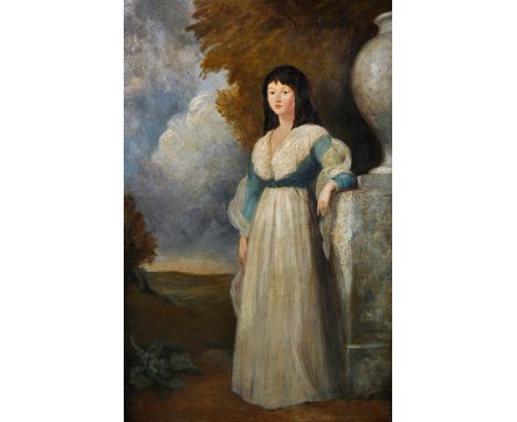 19th Century English School. A Full Length Portrait of a Lady, Dressed in White, Standing in a Garden Scene, Oil on Canvas, U