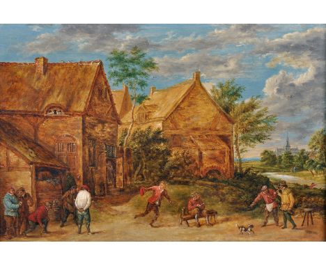 Manner of David Teniers (1610-1690) Dutch. Figures Playing Bowls outside a Tavern, Oil on Panel, 8.25" x 12".