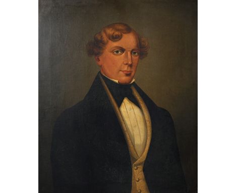 19th Century American School. Portrait of a Man, Wearing a Black Coat, with a Gold Waistcoat, Oil on Canvas, Unframed, 24" x 