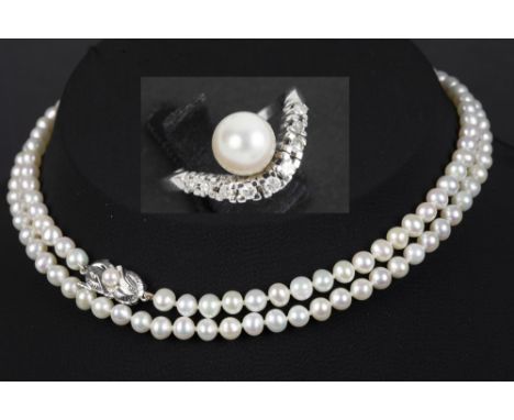 a pearl necklace with lock in white gold (18 carat) &amp; a ring in white gold (18 carat) with a pearl and ca 0,30 carat of b
