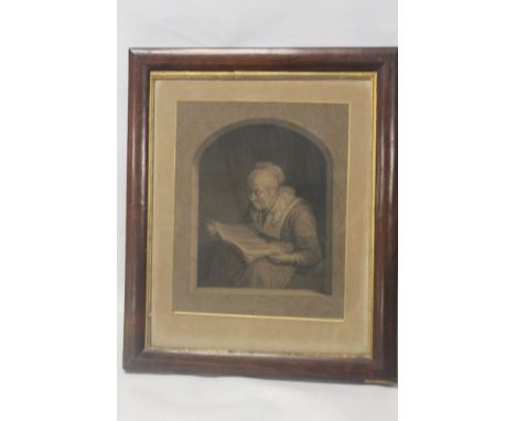 A FRAMED AND GLAZED PORTRAIT ENGRAVING OF A LADY READING A BOOK