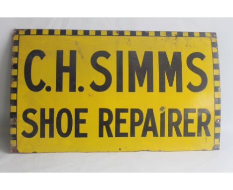 ENAMEL SIGN - "C.H. SIMMS SHOE REPAIR" IN BLUE AND YELLOW, measures 92 cm x 54 cm  Condition Report:Rusted and chipped edges,