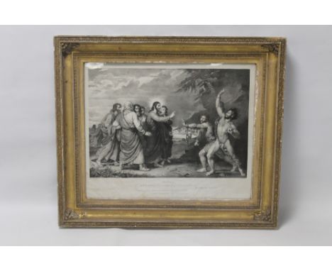 A FRAMED AND GLAZED RELIGIOUS LITHOGRAPH TITLED "OUR SAVIOUR CASTING OUT DEVILS" BY W.C.ROSS in decorative gilt frame