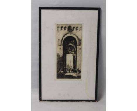 A FRAMED ETCHING DEPICTING A STREET SCENE signed in pencil S.Tushingham
