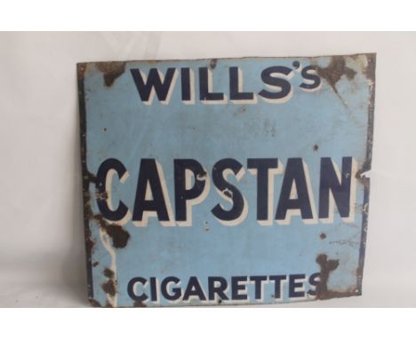 ENAMEL SIGN - "WILLS" CAPSTAN CIGARETTES, DARK BLUE, WHITE EDGED LETTERS ON SKY BLUE BACKGROUND, measures 61cm x 53cm  Condit