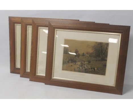 A SET OF FOUR OAK FRAMED AND GLAZED J S SANDERSON WELLS HAND COLOURED HUNTING INTEREST PRINTS, titled 'Forrad away', 'And hom