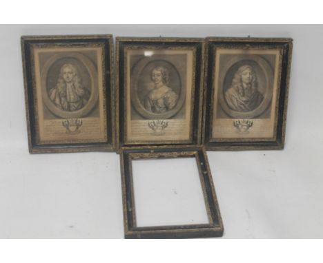 A SET OF THREE FRAMED 18TH CENTURY PORTRAIT ENGRAVINGS TOGETHER WITH A SIMILAR FRAME