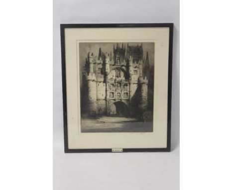  A FRAMED AND GLAZED ETCHING DEPICTING AN ENTRANCE TO A CATHEDRAL signed in pencil marked to reverse artist Andrew Affleck ti
