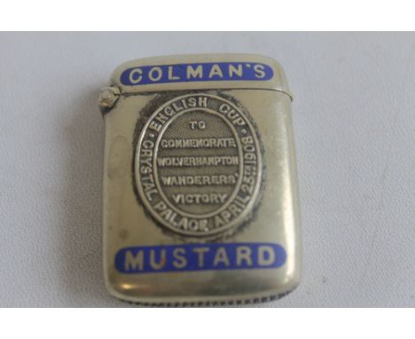 WOLVERHAMPTON WANDERERS INTEREST. A white metal and enamel vesta case, inscribed "English Cup, Crystal Palace, April 1908, to