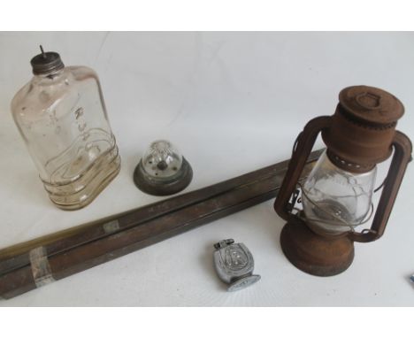 A QUANTITY OF COLLECTABLES, to include a quantity of stair rods, a hurricane lamp and a table cigarette lighter